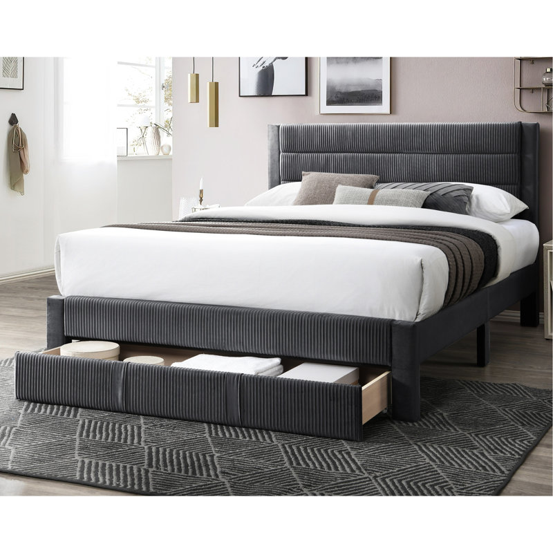 Lit en velours côtelé gris anthracite de style moderne - Grand avec panier de rangement sous le lit