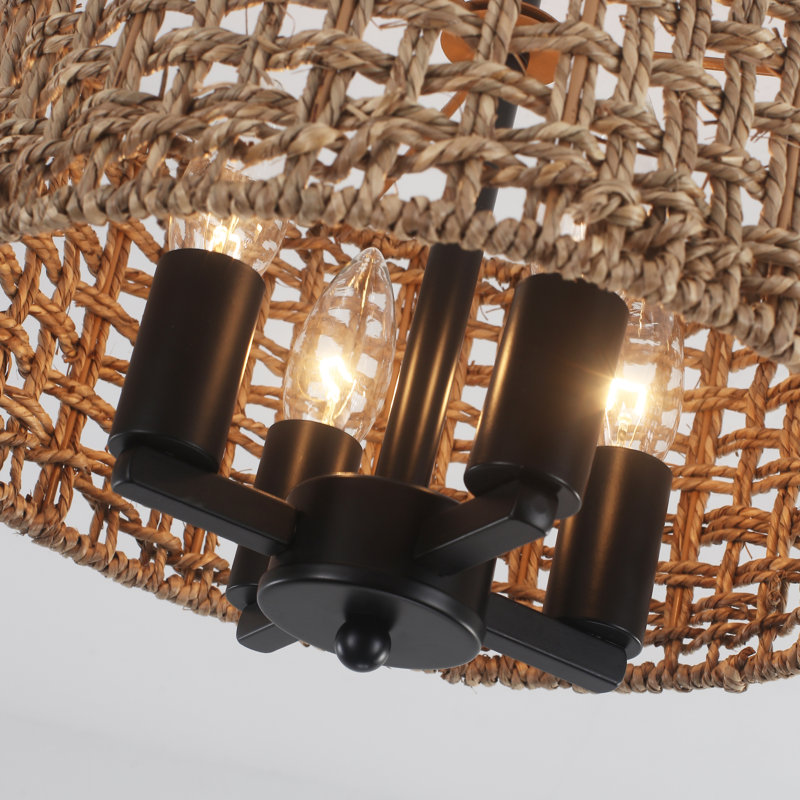 Luminaire suspendu bohémien en rotin naturel semi-encastré 4 lumières 11,81 po à 4 lumières avec abat-jour tambour tissé à la main