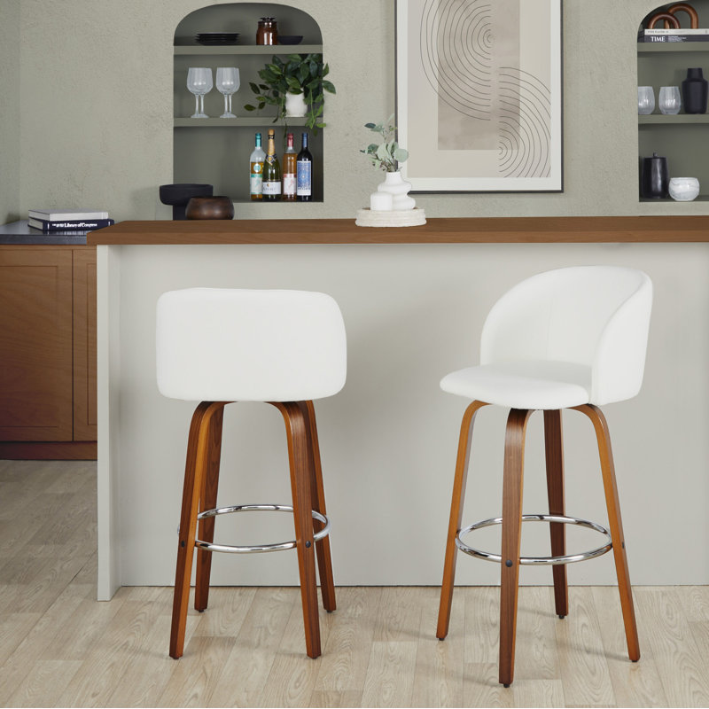 Terrance Fixed-Height Bar & Counter Stools With Bent Wood Legs & Round Footrest, Bar Stool (29” Seat Height)