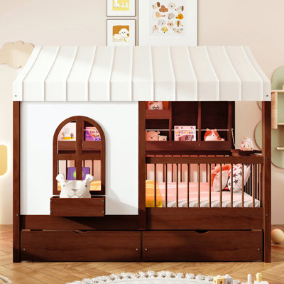 Full Size House Bed With 2 Large Drawers, Side Bookshelf With Led Strip