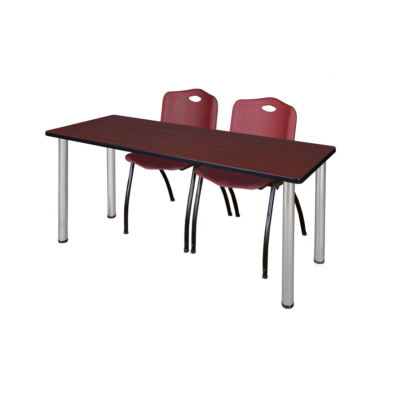 Plateau de table Kee et chaises empilables 2 M, Bourgogne, Chrome, Acajou