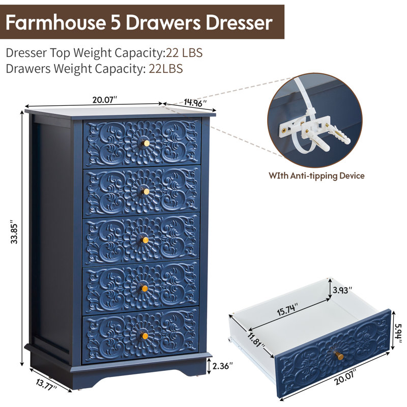 20.07'' W 5 - Drawer Embossed Dresser, Blue