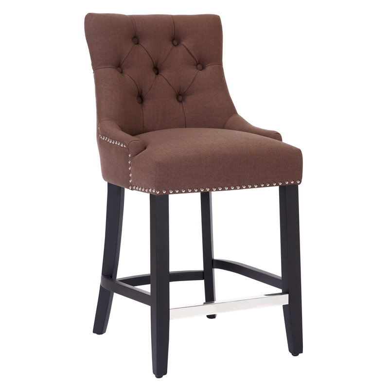 Linen Fabric Tufted Upholstered Counter Stool, Counter Stool (24” Seat Height), Brown Linen/Black Frame