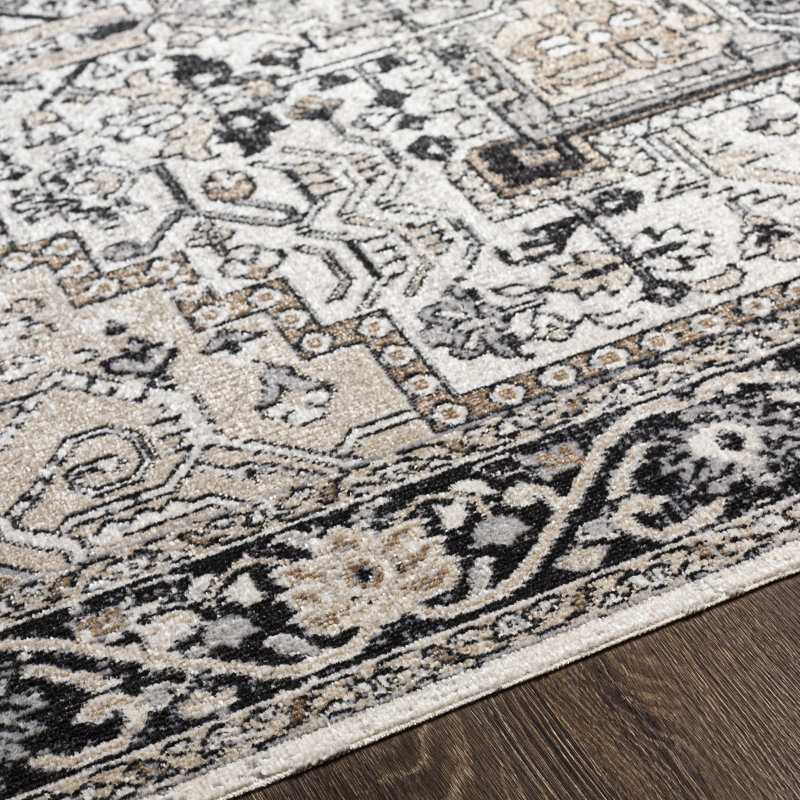 Tapis oriental noir / taupe lavable à la machine Haughton, Rond 6 pi 7 po
