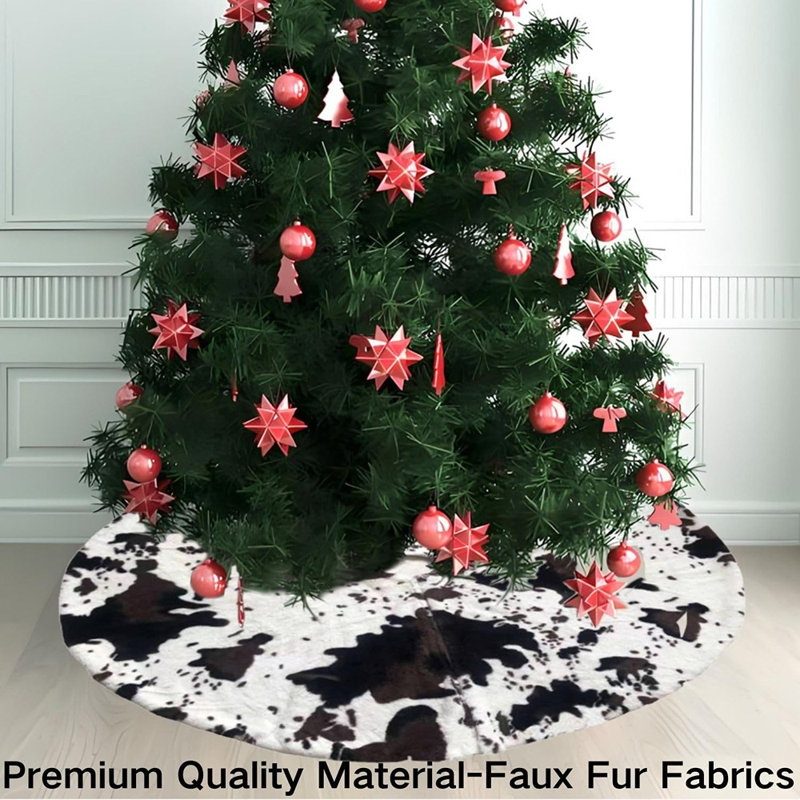 Cow Print Christmas Tree Skirt, Black and White Faux Fur Tree Mat, Farmhouse Rustic Holiday Decor