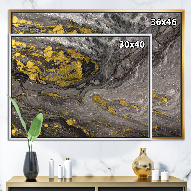 Marbre naturel doré et gris-reproduction d’art sur toile, H 24 po x l 36 po x P 1 po, Cadre flottant noir