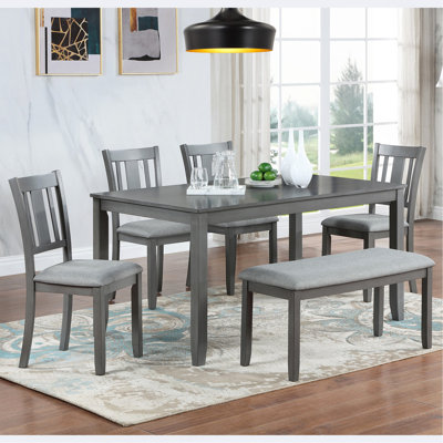 6 Piece Kitchen Dining Set, Rectangular Wooden Dining Table with 4 Upholstered Chairs and a Bench, Dining Table Set for 6 People, Living Room, Home Ba