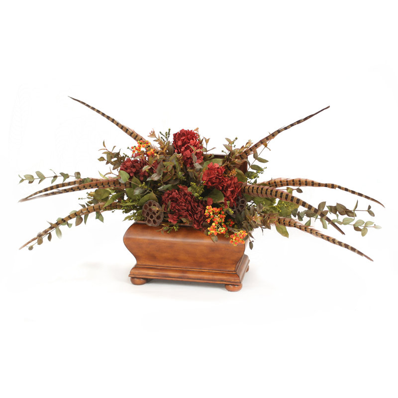 Dried Hydrangea's with Feathers and Foliage Floral Arrangements in Planter