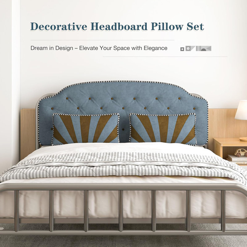 WOWMAX Tufted Upholstered Headboard Queen Size with 2 Throw Pillows, Upholstered Velvet Bed Headboard for Bedroom,Blue Compression