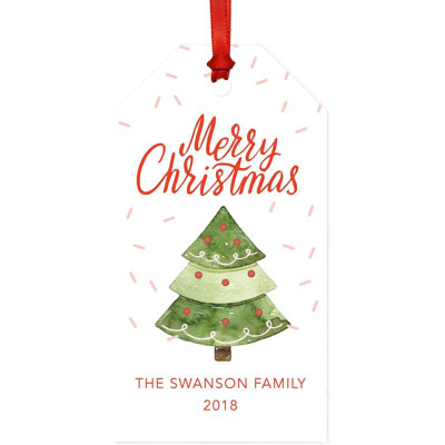 Étiquettes-cadeaux personnalisées de Noël classique, arbre de Noël aquarelle vert avec confettis, paquet de 20 joyeux Noël, année de nom personnalisée