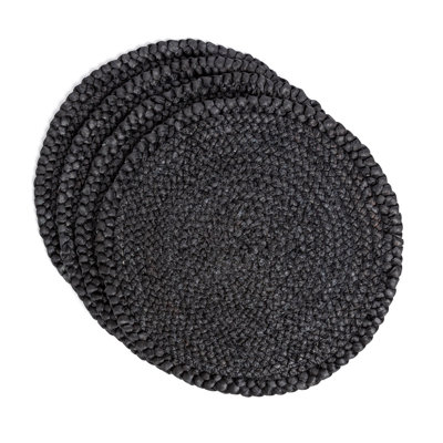 over&back Set of 4 Natural Round Woven Placemats - Dining Table Mat - Kitchen and Home Decor - Black
