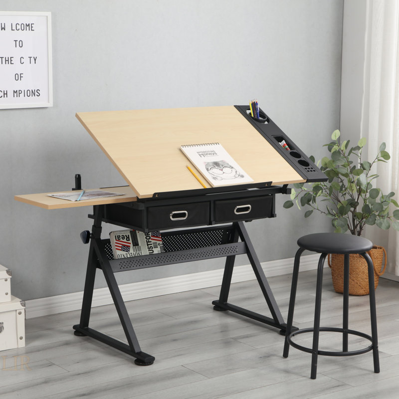 Bureau de dessin réglable avec 2 tiroirs et tabouret pour bureau à domicile et école, idéal pour l'art et le design