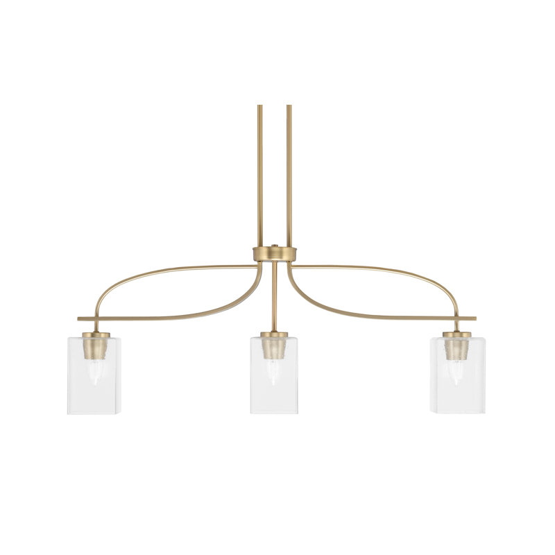 Luminaire îlot à 3 lumières Cavella avec verre carré transparent de 4 po, Laiton New Age