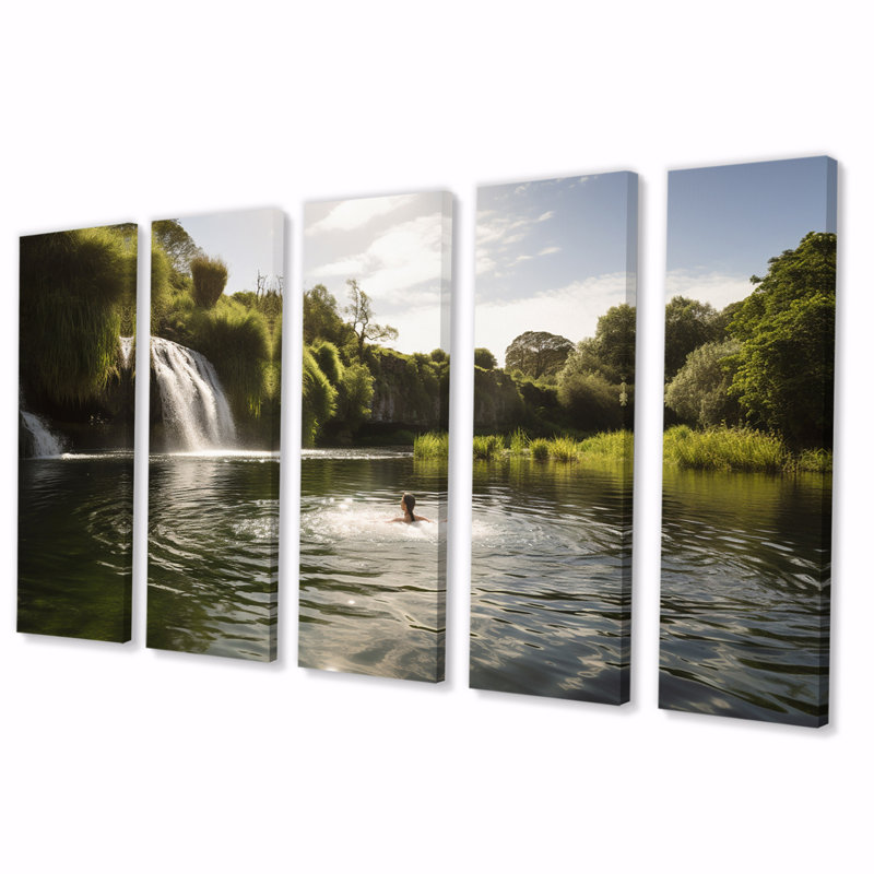 «Idyllic Bathing In Paradise Lake With Waterfall II», reproduction d'art sur toile Meadow - 5 panneaux égaux
