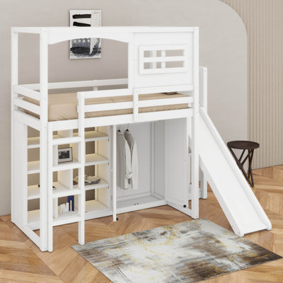 Wood Twin Size Loft Bed With Wardrobe, Storage Shelves, Slide And LED
