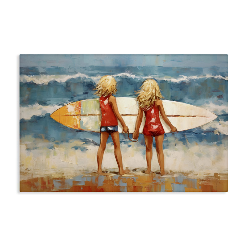Frères et sœurs avec planche de surf, art mural par Petal Prints Design, H 20 po x l 30 po