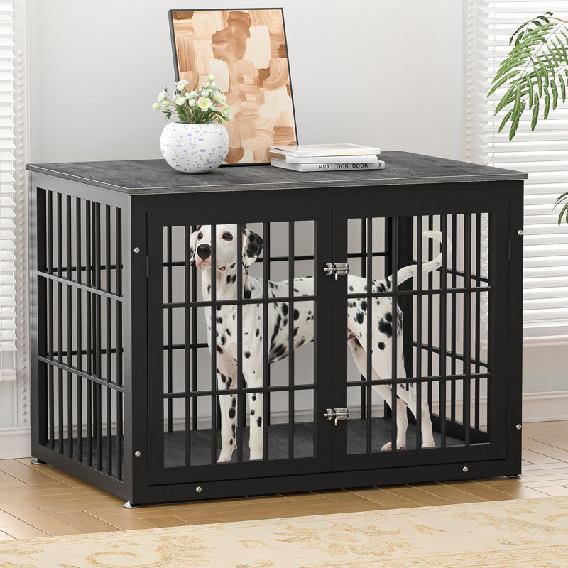42 Inch Heavy Duty Dog Crate Furniture, Decorative Pet House End Table, Wooden Cage Kennel Furniture Indoor, Black/Gray
