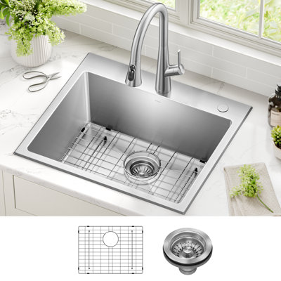 Évier de cuisine utilitaire à cuve unique KRAUS Fairlane 25 po à encastrer ou à monter sur le dessus, en acier inoxydable de calibre 18