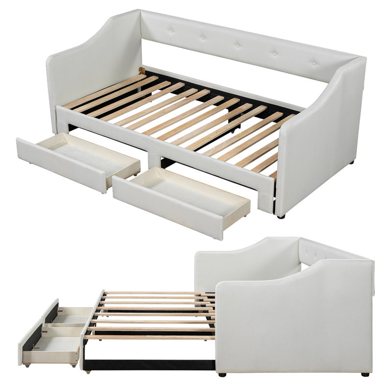 Convertible Twin XL To King Daybed With Upholstered Design And Storage Drawers, Beige