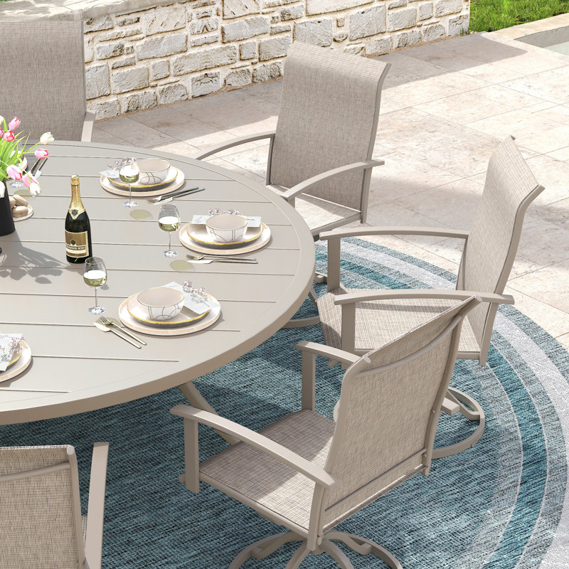 8-Person Round Patio Dining Set with 60" Round Dining Table and 8 Swivel PVC-coated polyester Chairs, Sandshell/Sandshell