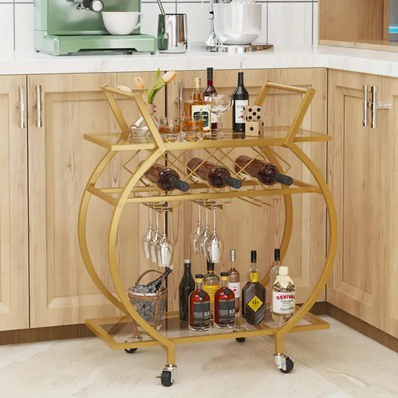Bar Trolley 2 Tier Rolling Home Service Trolley With Wine Rack And Wheels, Modern Metal Round Wine Trolley, Industrial Mobile Storage Kitchen Trolley For Kitchen, Bar, Living Room, Bar Cart With Wheels, Tea Trolley, Serving Cart, Kitchen Cart, Rolling Ca