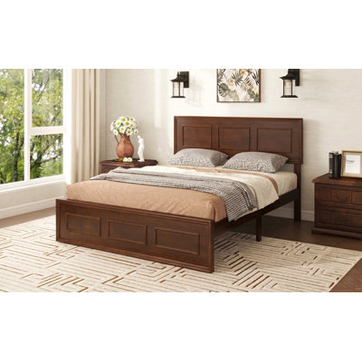 Full Size Bed with Adjustable Height Headboard, Pine Wood Bed with Strengthened Bed Frame ,Walnut