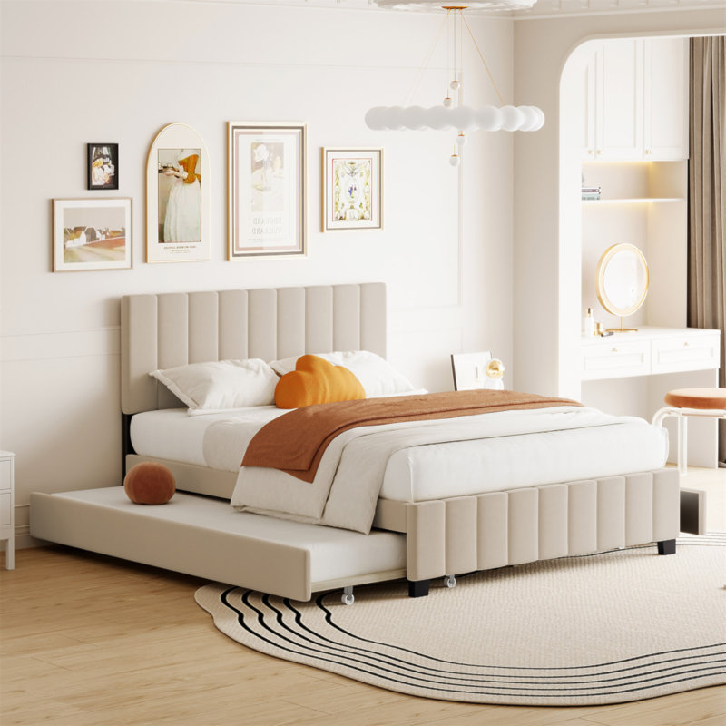 Grand lit plateforme tapissier en velours avec 2 tiroirs et 1 lit gigogne simple TG, Beige