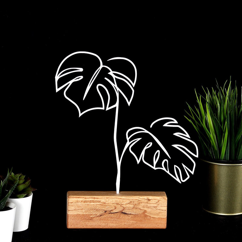 Elegant Decorative Object, White Metal & Wood, 6.7 x 11.8 x 1.4 inches | 100% Metal Construction (2 mm Thick) with Sturdy Wood Base | Perfect for Home Decor, Stylish Accent for Any Space