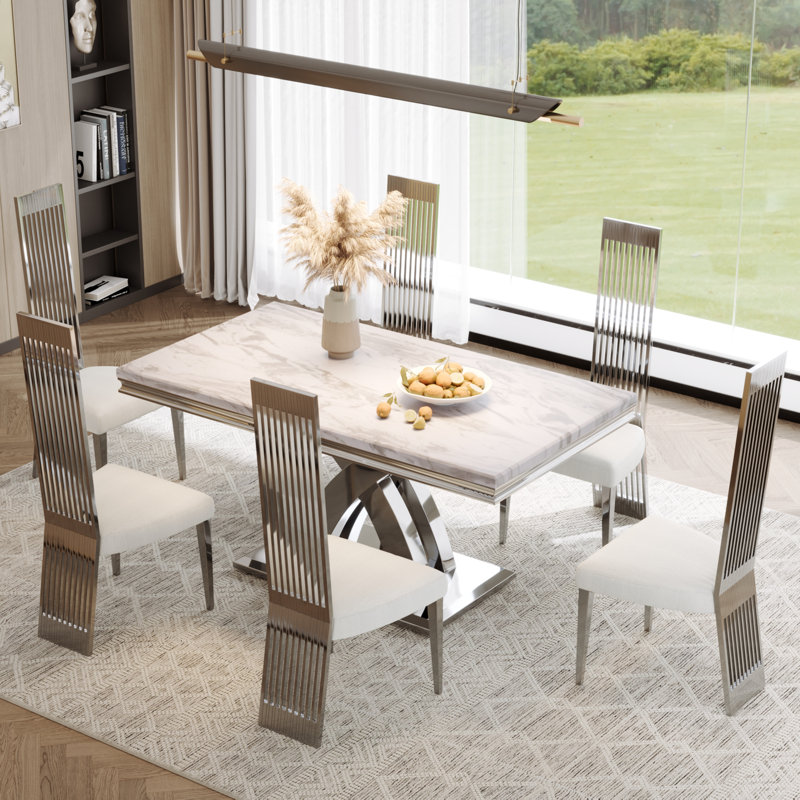 Ensemble de table de salle à manger 7 pièces blanc et argent avec 7 chaises blanches Boucle, Argent argent, Argent argent