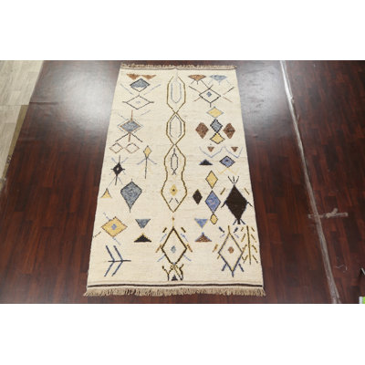 Tapis ivoire en laine noué à la main de conception unique 5 pi 10 po x 10 pi 4 po Moroccan