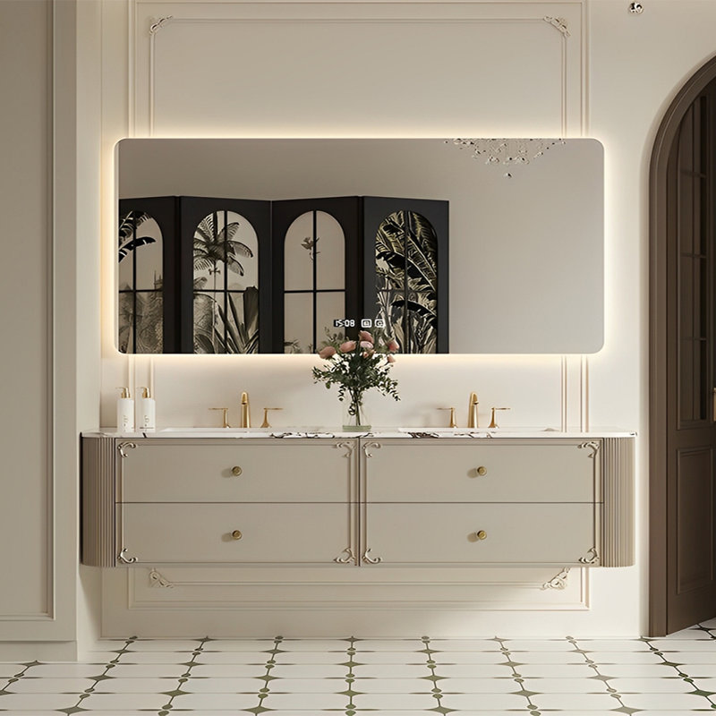 Double-basin retro-style bathroom cabinet, Beige Grey, 21.65" H x 62.99" W x 21.65" D