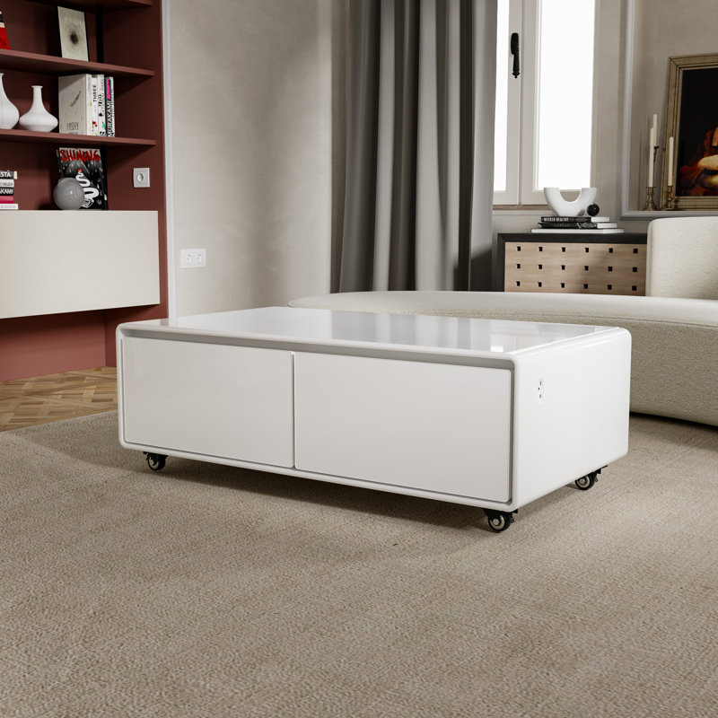 Smart Coffee Table with 135"L Fridge and Wireless Charge, White