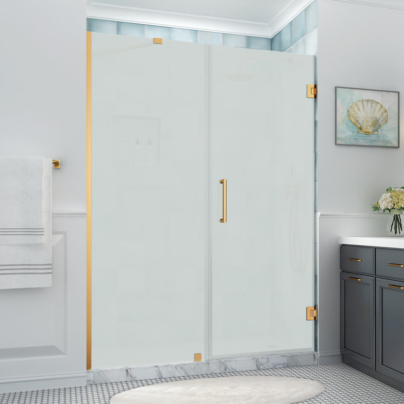 Belmore XL 66.25 - 67.25 in. W x 80 in. H Frameless Hinged Shower Door with StarCast Glass, Brushed Gold, Frosted Glass
