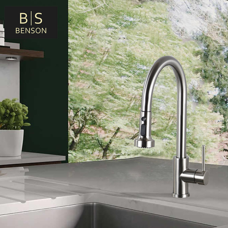 Commercial Style 2-Function Single Handle Pull Down Kitchen Faucet In Stainless Steel, Brushed Nickel