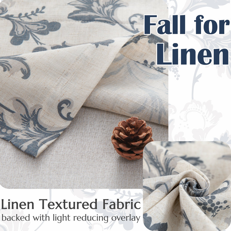 Cantonnière en lin à motif floral, Bleu, L 50 po x L 18 po