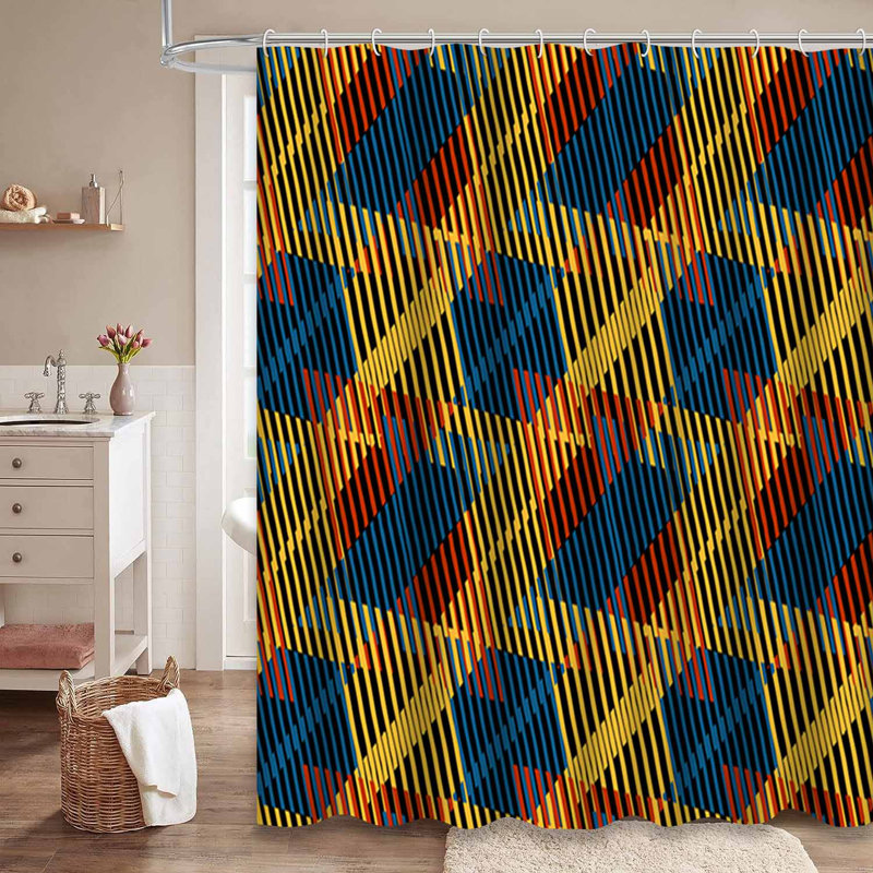 Rideau de douche abstrait à rayures géométriques bleues avec 12 crochets, L 72 po x l 72 po
