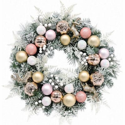 Couronne de Noël rose pré-éclairée pour porte d'entrée, couronne enneigée de 20 po