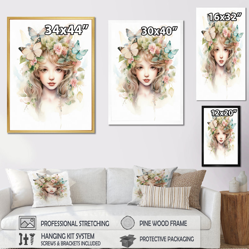 Jeune fille avec des papillons pastel rétro, Cadre simple blanc, H 40 po x l 30 po x P 1,5 po
