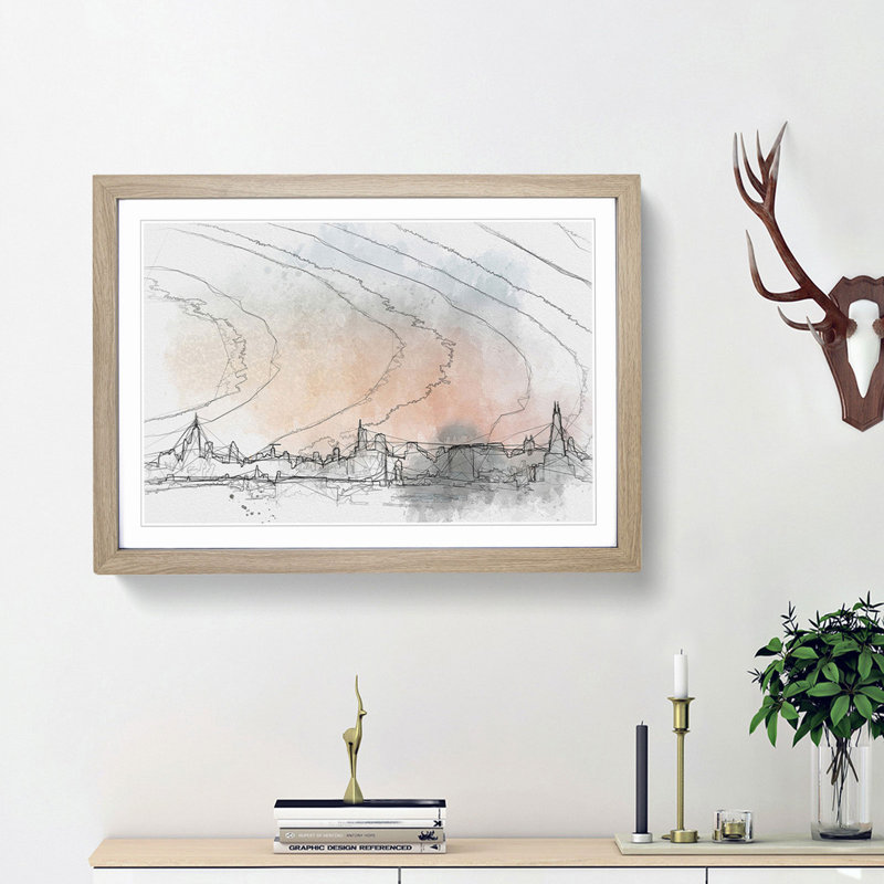 The Chicago Illinois Skyline in Abstract - Picture Frame Drawing Print, Oak Framed, 36cm H x 48cm W x 2cm D