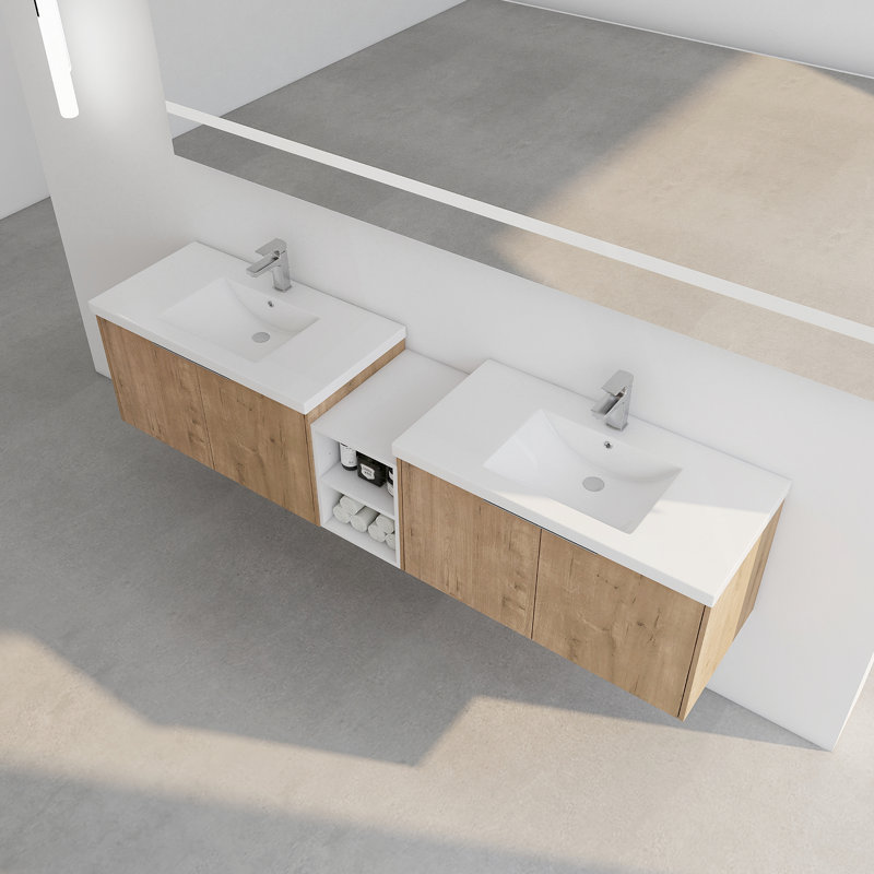 Meuble-lavabo à fermeture en douceur avec lavabo, 82.9", Imitation chêne