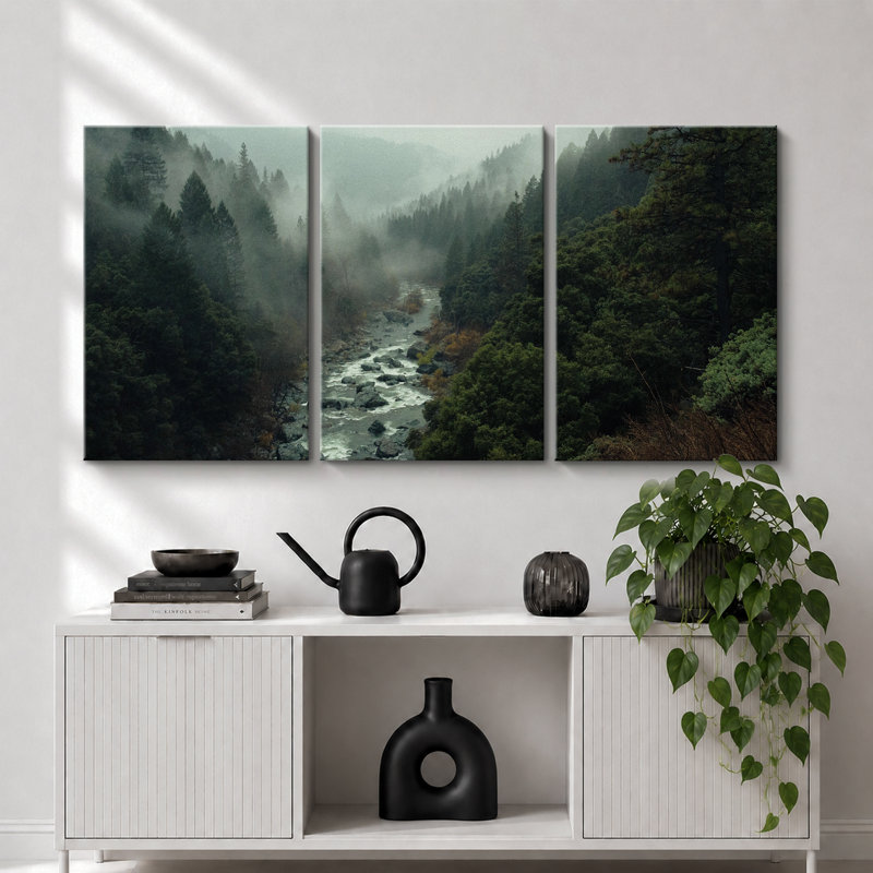 "Misty Forest Landscape Moody Green River Nature Hazy", reproduction d'art sur toile encadrée, 3 pièces, H 36 po x l 72 po