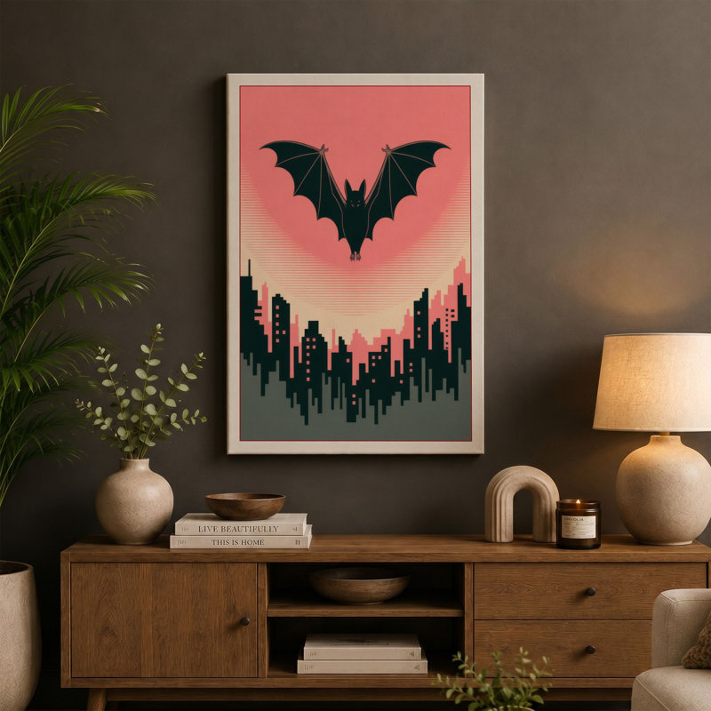 Bat Over City Heart Modern - Wrapped Canvas, 36x24 - 91.4 x 61.0 cm, Cream Border