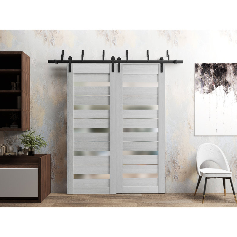Portes coulissantes de style grange avec verre dépoli Quadro 4445 en chêne gris pâle, rails robustes de 2 m, ensemble de quincaillerie, portes de placard de chambre en bois massif - 142 x 213 cm (2 x 71 x 213 cm)