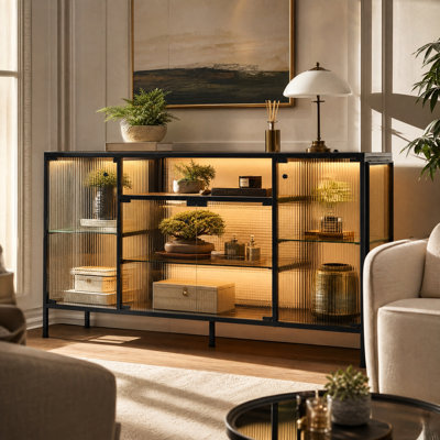 59"W x 31.5"H Black Metal Display Cabinet with Ribbed Glass Doors & LED Lights