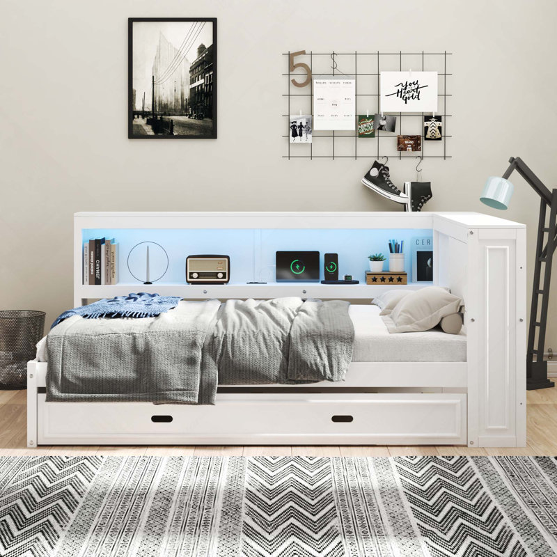 Lit de jour en bois avec tablettes de rangement, USB, DEL et lit gigogne, Blanc