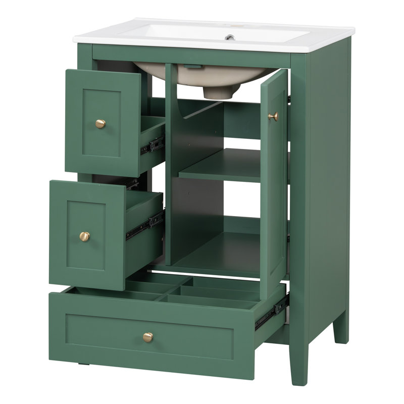 "Meuble-lavabo de 24 pouces avec rangement, tablette réglable, panneau de fibres à densité moyenne et bois d'hévéa, cloisons amovibles, finition vert foncé"