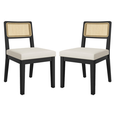  Ensemble de 2 chaises de salle à manger en bois et rotin en bois avec dossier tissé respirant et siège en mélange de coton pour la salle à manger, les petits espaces et le bureau personnel, noir