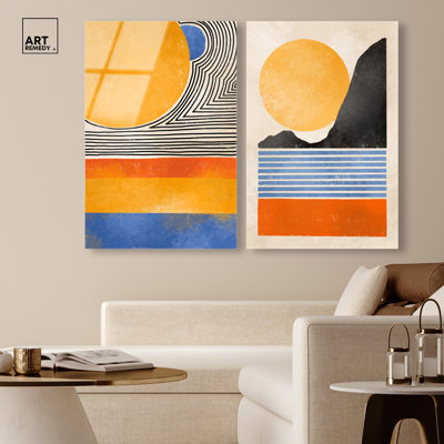 Geometric Sun Duo Acrylic Print Modern Abstract Art Set by Art Remedy, Ready to Hang, 24 x 36