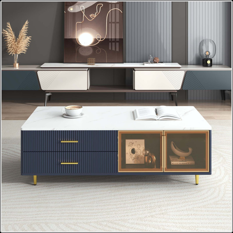 Table basse moderne bleue avec portes en verre, tiroirs et lumières RVB