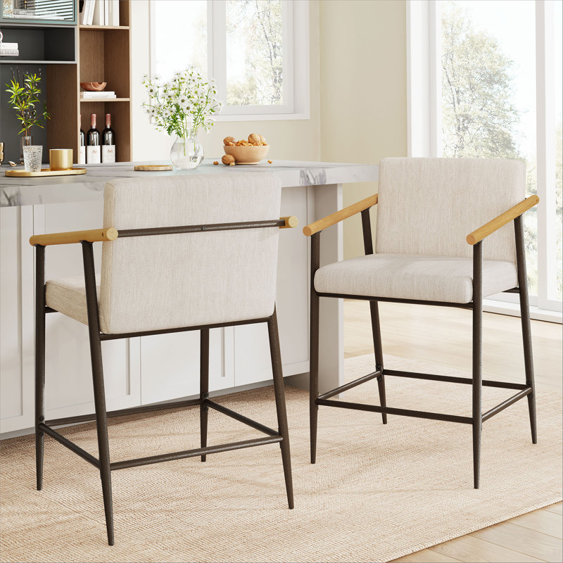 Counter Stool with iron frame-Set of 2-Espresso+Beige, Beige